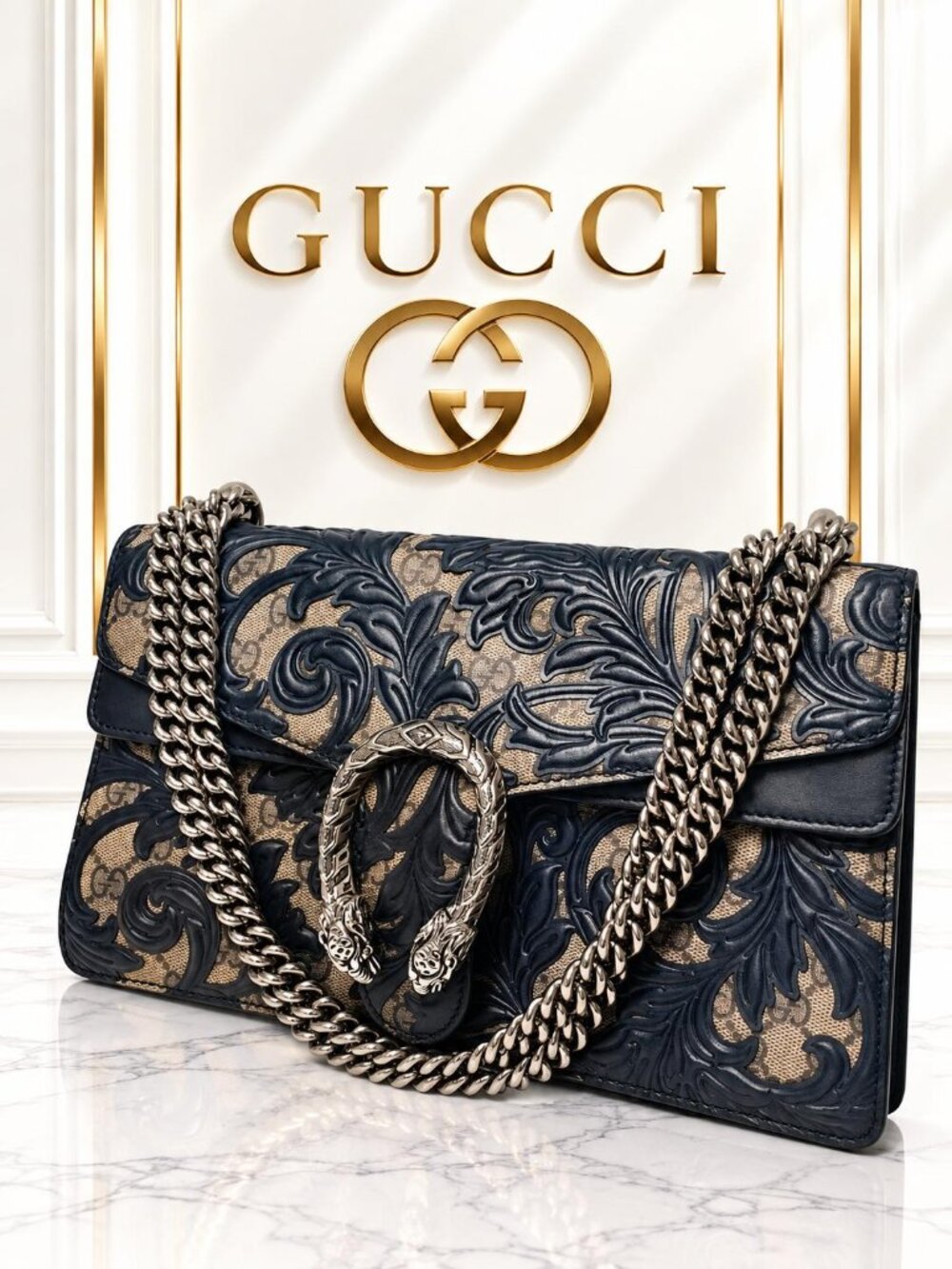Authentic Gucci Dionysus GG Supreme Arabesque Leather Chain Shoulder Bag Black